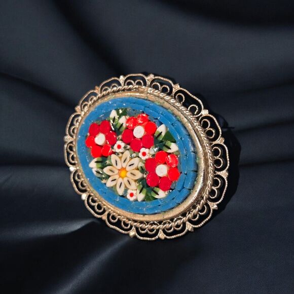 Italian Vintage Micro Mosaic Glass Floral Brooch Pin Silver Tone Filigree Border - Picture 4 of 10